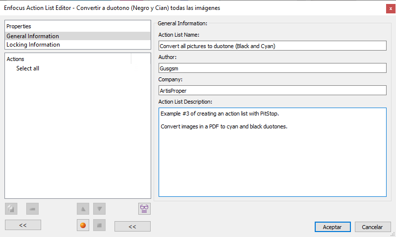 Creatin a new list of actions in Enfocus PitStop.