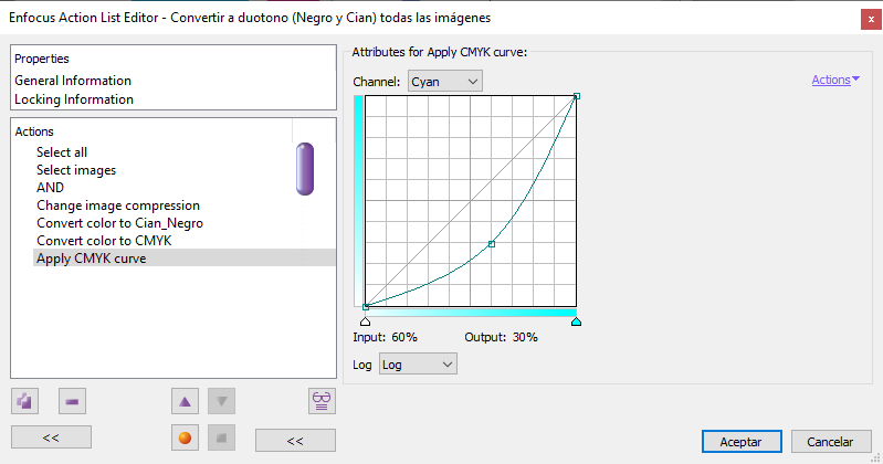 Applying a cyan curve to picturesin a list of actions in Enfocus PitStop.