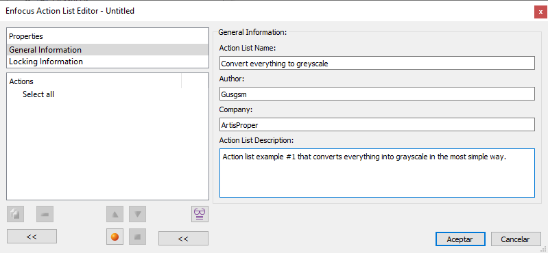 The properties of a list of actions in Enfocus PitStop.