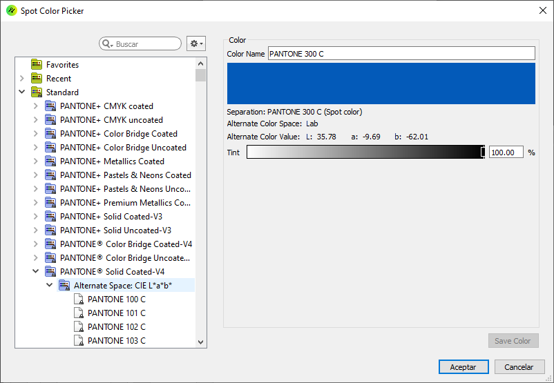 The spot inks in the color picker of Enfocus PitStop.