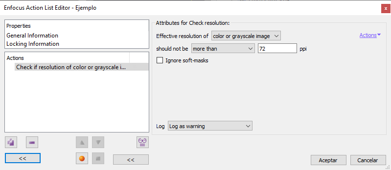 Checking resolution inside a PDF with a list of actions in Enfocus PitStop.