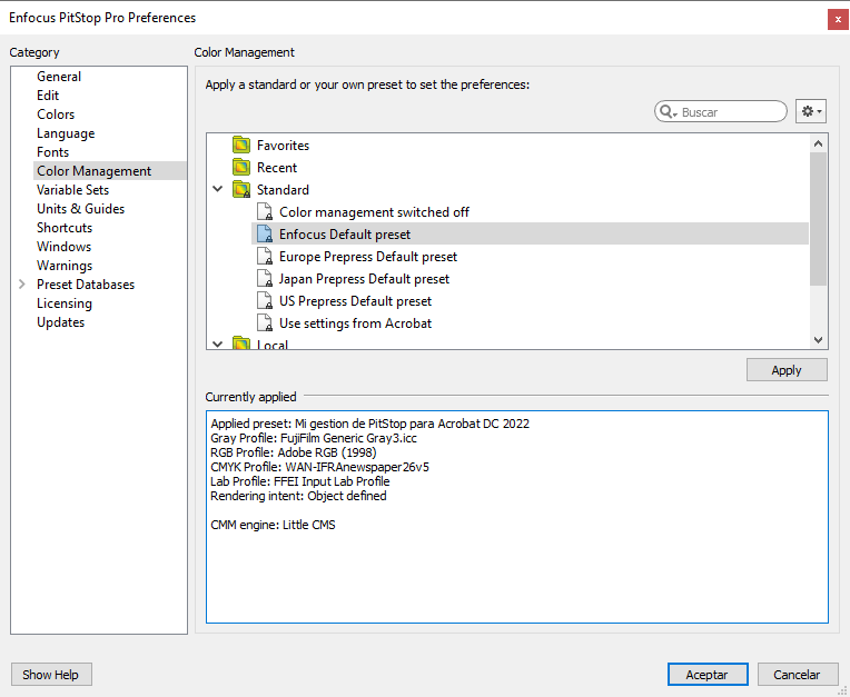 Colour management settings in Enfocus PitStop.