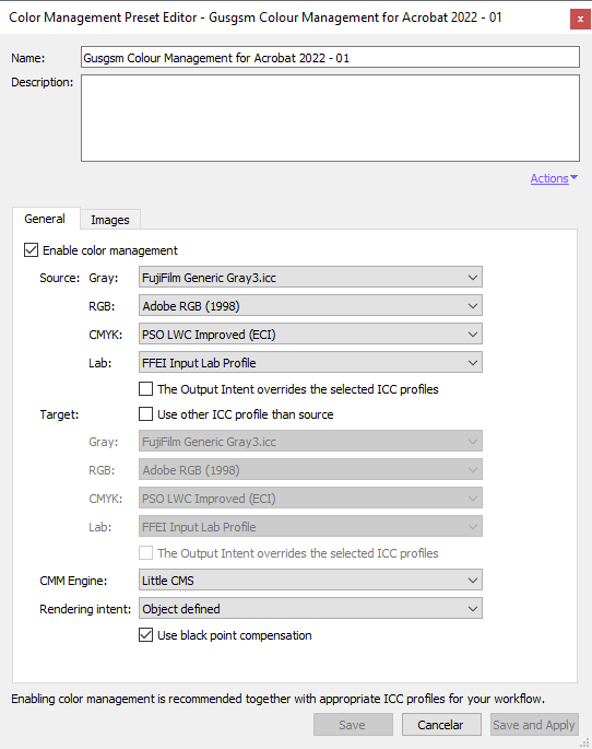 Colour management settings in Enfocus PitStop.