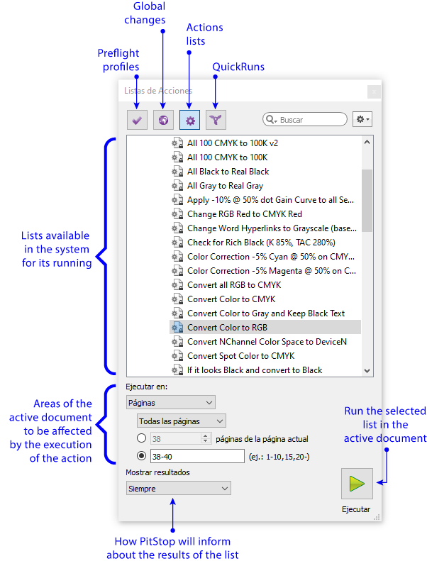 The main window of Enfocus PitStop Pro lists of action.