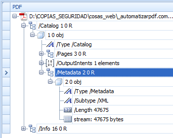 Los flujos de metadatos dentro de un archivo PDF.