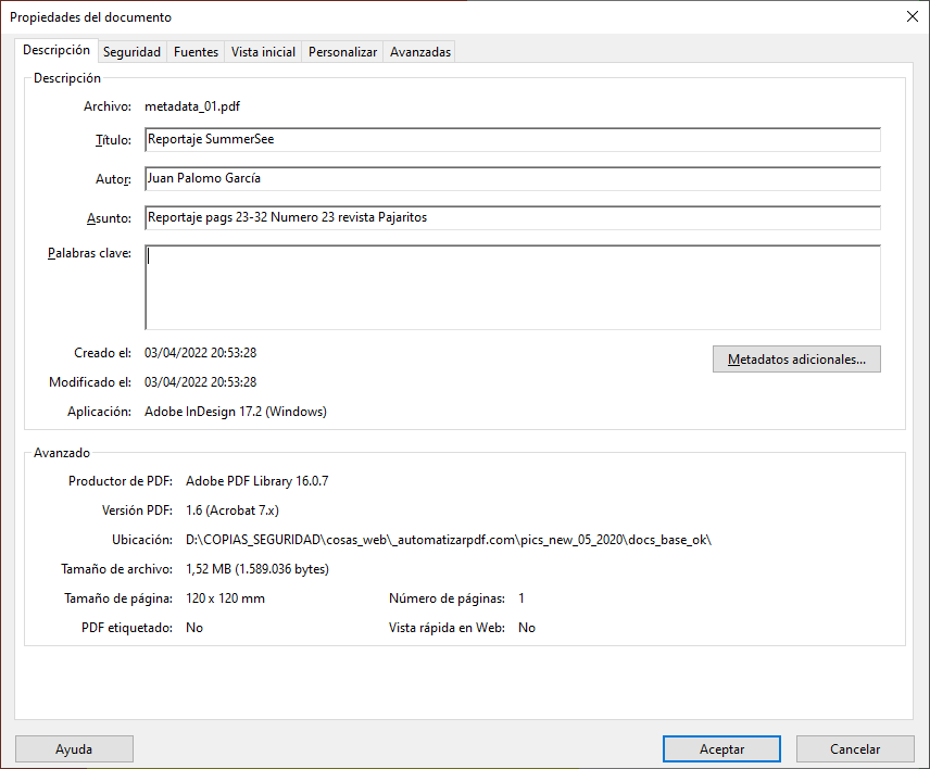Los metadatos principales en el menú Propiedades de Acrobat.