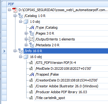 Las estructuras de metadatos dentro de un archivo PDF.