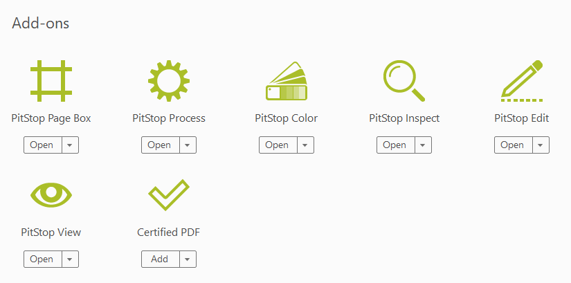 The add-ons in Enfocus PitStop Pro.