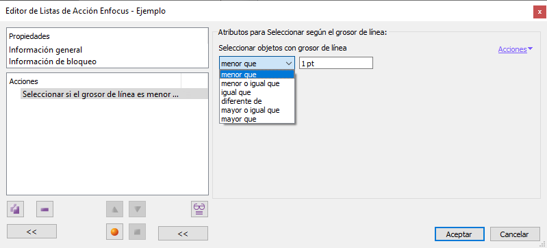 Seleccionar según el grosor de línea en una acción de PiStop Pro.