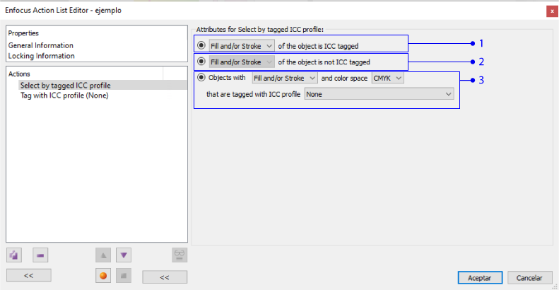 The action list "Select by tagged ICC Profile" in Enfocus PitStop.