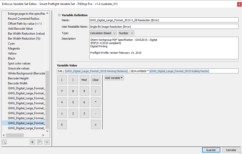 Calculation-based variables in a list of actions in Enfocus PitStop.