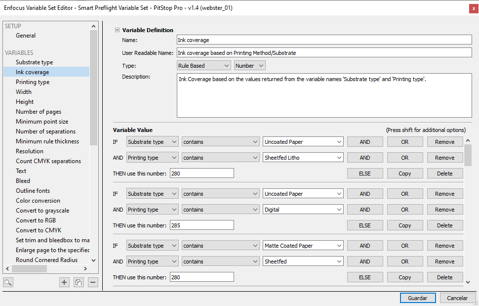 Rule-based variables in a list of actions in Enfocus PitStop.